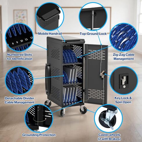 Fully Assembled 18-Device Charging Cart for Chromebook - Locking Laptop Cabinet with Cable Management, Cord Organization, Power Strip - Locks and Stores Tablets up to 14'' and 1.4'' Thick (Black) in Kuwait