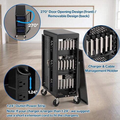 Fully Assembled 18-Device Charging Cart for Chromebook - Locking Laptop Cabinet with Cable Management, Cord Organization, Power Strip - Locks and Stores Tablets up to 14'' and 1.4'' Thick (Black) in Kuwait