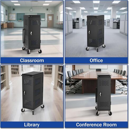 Fully Assembled 18-Device Charging Cart for Chromebook - Locking Laptop Cabinet with Cable Management, Cord Organization, Power Strip - Locks and Stores Tablets up to 14'' and 1.4'' Thick (Black) in Kuwait