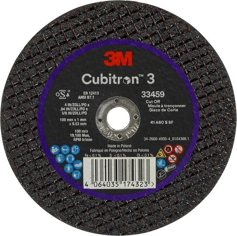 3M Cubitron 3 Cut-Off Wheel 33459, 100 mm x 1 mm x 9.53 mm (4 in x 0.04 in x 3/8 in), Long Lasting Performance, High Cut Rate, for Automotive Cutting and Splicing, Collision Repair, 5 Wheels in Saudi Arabia