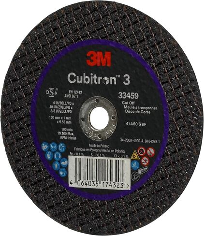 3M Cubitron 3 Cut-Off Wheel 33459, 100 mm x 1 mm x 9.53 mm (4 in x 0.04 in x 3/8 in), Long Lasting Performance, High Cut Rate, for Automotive Cutting and Splicing, Collision Repair, 5 Wheels in Saudi Arabia
