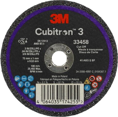 3M Cubitron 3 Cut-Off Wheel 33458, 75 mm x 1 mm x 9.53 mm (3 in x 0.04 in x 3/8 in), Long Lasting Performance, High Cut Rate, for Automotive Cutting and Splicing, Collision Repair, 5 Wheels in Saudi Arabia