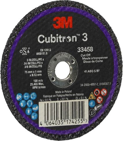3M Cubitron 3 Cut-Off Wheel 33458, 75 mm x 1 mm x 9.53 mm (3 in x 0.04 in x 3/8 in), Long Lasting Performance, High Cut Rate, for Automotive Cutting and Splicing, Collision Repair, 5 Wheels in Saudi Arabia
