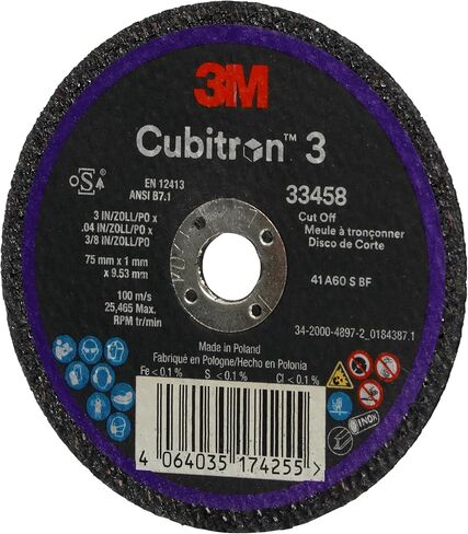 3M Cubitron 3 Cut-Off Wheel 33458, 75 mm x 1 mm x 9.53 mm (3 in x 0.04 in x 3/8 in), Long Lasting Performance, High Cut Rate, for Automotive Cutting and Splicing, Collision Repair, 5 Wheels in Saudi Arabia