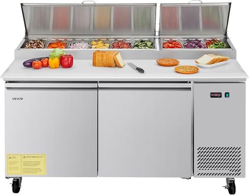 VEVOR 67"W Commercial Refrigerator, Pizza Prep Refrigerated Table, 19.3" Ultra Wide Countertop Food Prep Fridge, 20.3 Cu.Ft Single Door Salad Prep Fridge, 9 Pans Pizza Make Worktop with Cutting Board in Saudi Arabia