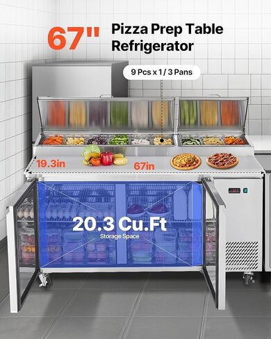 VEVOR 67"W Commercial Refrigerator, Pizza Prep Refrigerated Table, 19.3" Ultra Wide Countertop Food Prep Fridge, 20.3 Cu.Ft Single Door Salad Prep Fridge, 9 Pans Pizza Make Worktop with Cutting Board in Saudi Arabia