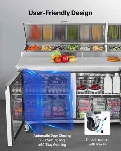 VEVOR 67"W Commercial Refrigerator, Pizza Prep Refrigerated Table, 19.3" Ultra Wide Countertop Food Prep Fridge, 20.3 Cu.Ft Single Door Salad Prep Fridge, 9 Pans Pizza Make Worktop with Cutting Board in Saudi Arabia