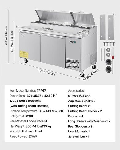 VEVOR 67"W Commercial Refrigerator, Pizza Prep Refrigerated Table, 19.3" Ultra Wide Countertop Food Prep Fridge, 20.3 Cu.Ft Single Door Salad Prep Fridge, 9 Pans Pizza Make Worktop with Cutting Board in Saudi Arabia