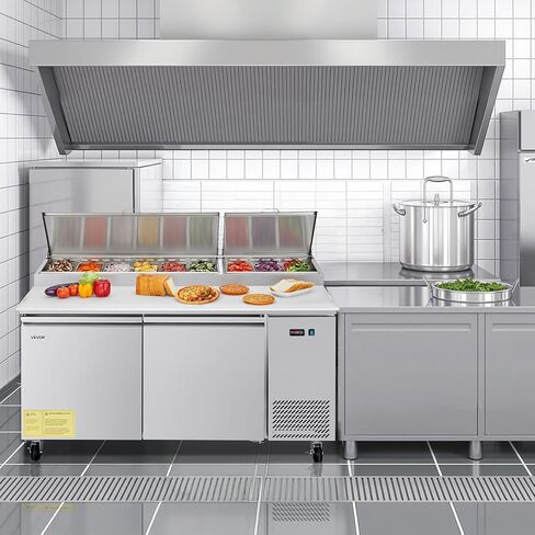 VEVOR 67"W Commercial Refrigerator, Pizza Prep Refrigerated Table, 19.3" Ultra Wide Countertop Food Prep Fridge, 20.3 Cu.Ft Single Door Salad Prep Fridge, 9 Pans Pizza Make Worktop with Cutting Board in Saudi Arabia