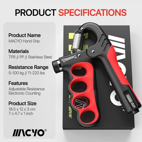 MACYO Grip Strength Trainer with Wider Handles - Adjustable Hand Grip Strengthener 11-220Lbs(5-100KG) for Large Hands, Automatic Counter & Ergonomic Design, Comfortable Forearm Workout for Athletes, Injury Recovery in Saudi Arabia