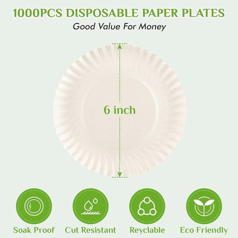 FOCUSLINE 6 Inch Paper Plates 1000 Count, White Paper Plates Uncoated, Everyday Disposable Dessert Plate 6" Small Plate Bulk 1000 Count in Saudi Arabia