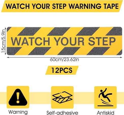 12 Pack Watch Your Step Floor Decals Stickers, 23.6 x 6 Inch Self Adhesive Watch Your Step Tape Anti Slip Caution Floor Tape Water Resistance Safety Floor Decals for Workplace Indoor Outdoor in Saudi Arabia
