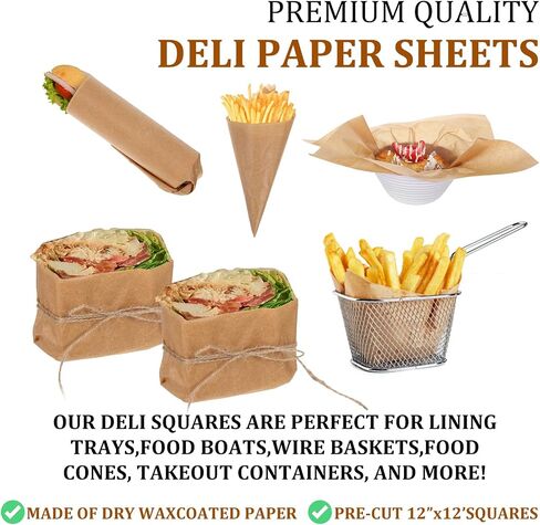 Home 12 x 12 Grease Proof Deli Wrappers (500 Pack) - Pre Cut Natural Wax Paper Sheets - Recyclable Food Basket Liners -Kraft Deli Squares For Sandwiches, Lining Wire Food Baskets, Food Tray in Saudi Arabia
