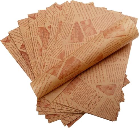 200 PCS Deli Wax Paper Sheets for Food Basket & Plater Liners 12 × 8 بوصة على غرار الصحف القديمة المطبوعة ورقة لذيذة لتلوين الخبز البرغر السندويشات الفرنسية (بنية) in Kuwait