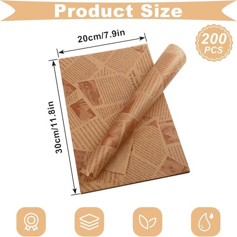 200 PCS Deli Wax Paper Sheets for Food Basket & Plater Liners 12 × 8 بوصة على غرار الصحف القديمة المطبوعة ورقة لذيذة لتلوين الخبز البرغر السندويشات الفرنسية (بنية) in Kuwait