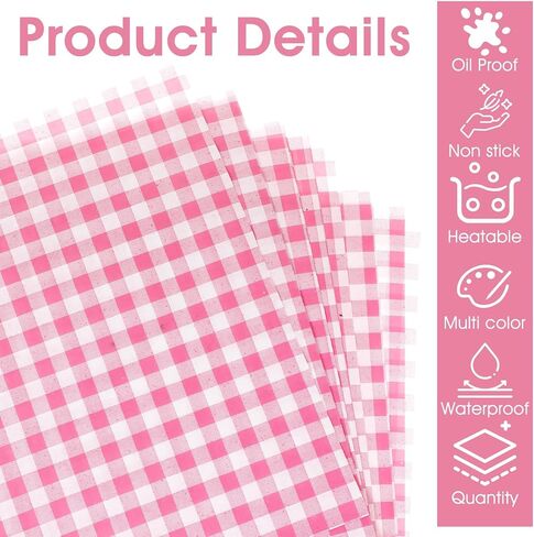 100Pcs Wax Paper Sheets for Food, 7 x 7 Inch Greaseproof Basket Liners Checkered Deli Sandwich Wrapping Paper for Picnic BBQ Party(Pink) in Saudi Arabia