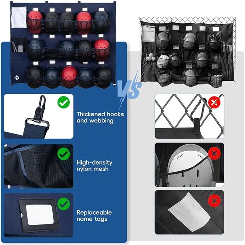 منظم مخبأ البيسبول/الكرة اللينة - 15+ حقيبة تخزين خوذة وقفازات ، ونسيج 900D من الدرجة العسكرية و 6 خطافات فولاذية معززة in Kuwait