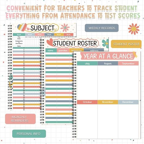 Composition Teacher Record Book 8.5" x 11" Pastel Face Pattern Teacher Class Grade Book Spiral Bound Record Double Sided Color Printing Office Supplies Favors Gift for Classroom School Planner in Kuwait