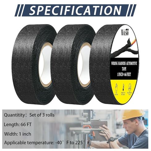 3 لفات الأسلاك الأسلاك شريط القماش 1 بوصة × 66 قدم لكل لفة لفة تآكل شريط مقاوم سهل للدموع واللصق باليد ، ومناسبة للعزلة والضوضاء تقلل من غلاف أسلاك المحرك الأسلاك in Kuwait