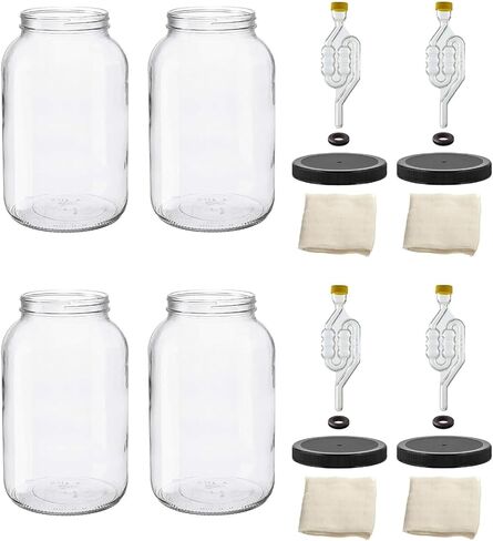 North Mountain Supply 1 Gallon Glass Wide Mouth Jar With Drilled Black Plastic Lid, 6 Bubble, & Cheesecloth - Set of 4 - USDA Approved, BPA-Free, Dishwasher Safe For Fermenting in Saudi Arabia