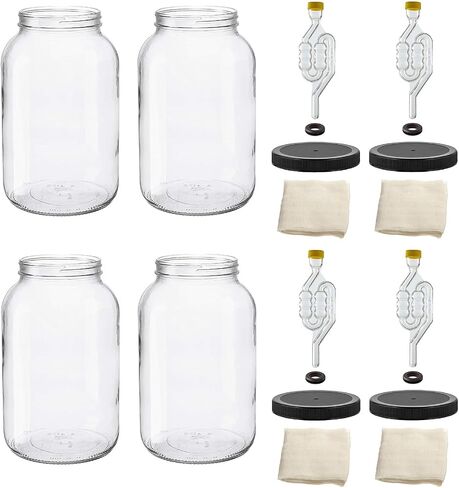 North Mountain Supply 1 Gallon Glass Wide Mouth Jar With Drilled Black Plastic Lid, 6 Bubble, & Cheesecloth - Set of 4 - USDA Approved, BPA-Free, Dishwasher Safe For Fermenting in Saudi Arabia