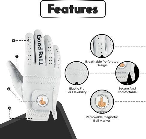 Good Ball Golf Glove – Funny M1ddle Finger Glove w/Magnetic Ball Marker & Tees | Tour Quality Cabretta Leather | Breathable + Lasting for Both Men and Women in Saudi Arabia