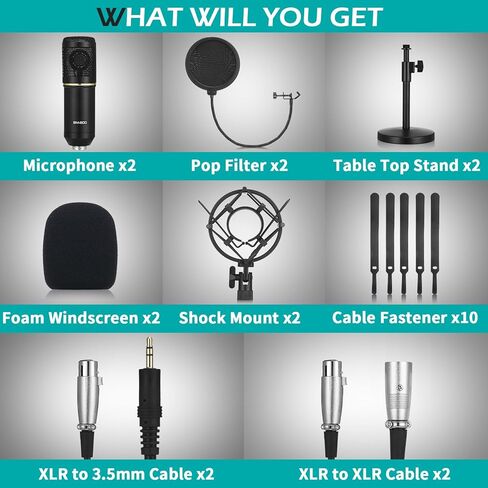 Sherr 2 Pack XLR Condenser Microphone Professional Studio Cardioid Microphone Kit Include Cardioid Mics Shock Stand Windproof Cotton Blowout Net Metal Stand Male Female Cable for Podcasting Record in Saudi Arabia