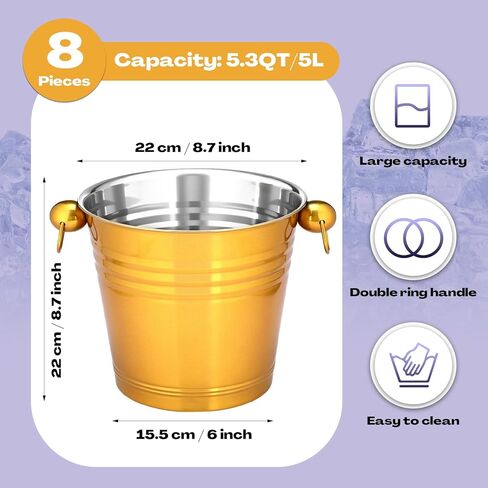 دلو ثلج من الستانلس ستيل بسعة 5.3 كوارت/5 لتر مع مقبض كبير معزول للشمبانيا والبيرة لحفلات الكوكتيل وحفلات النبيذ والمنزل من 8 قطع in Kuwait