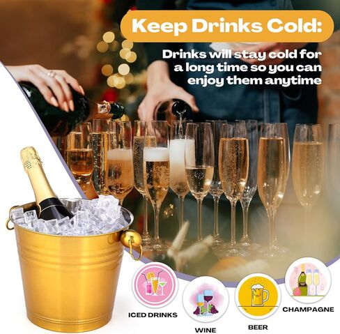 دلو ثلج من الستانلس ستيل بسعة 5.3 كوارت/5 لتر مع مقبض كبير معزول للشمبانيا والبيرة لحفلات الكوكتيل وحفلات النبيذ والمنزل من 8 قطع in Kuwait