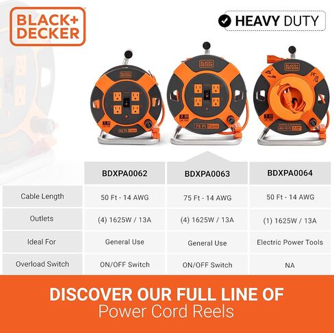 BLACK+DECKER 50 Ft. Retractable Extension Cord Reel With 4 Outlets, Multi-Plug Extension, Easy Handle Rewind & Heavy-Duty 14AWG SJTW Cable in Kuwait