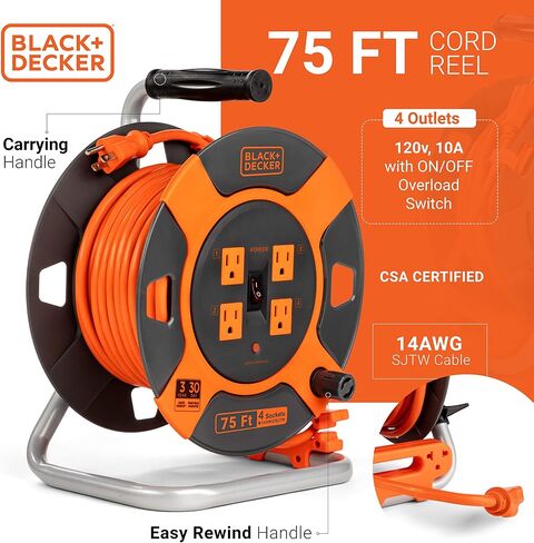 BLACK+DECKER 50 Ft. Retractable Extension Cord Reel With 4 Outlets, Multi-Plug Extension, Easy Handle Rewind & Heavy-Duty 14AWG SJTW Cable in Kuwait