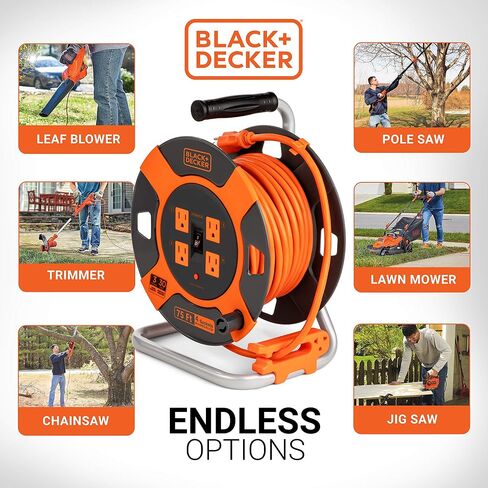 BLACK+DECKER 50 Ft. Retractable Extension Cord Reel With 4 Outlets, Multi-Plug Extension, Easy Handle Rewind & Heavy-Duty 14AWG SJTW Cable in Kuwait