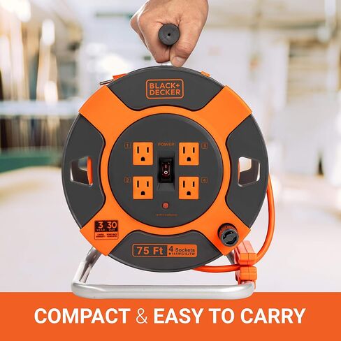 BLACK+DECKER 50 Ft. Retractable Extension Cord Reel With 4 Outlets, Multi-Plug Extension, Easy Handle Rewind & Heavy-Duty 14AWG SJTW Cable in Kuwait
