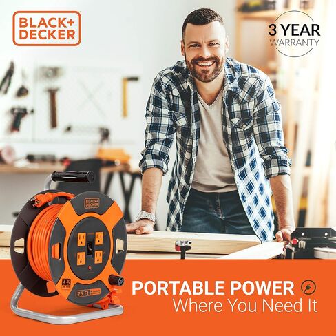 BLACK+DECKER 50 Ft. Retractable Extension Cord Reel With 4 Outlets, Multi-Plug Extension, Easy Handle Rewind & Heavy-Duty 14AWG SJTW Cable in Kuwait