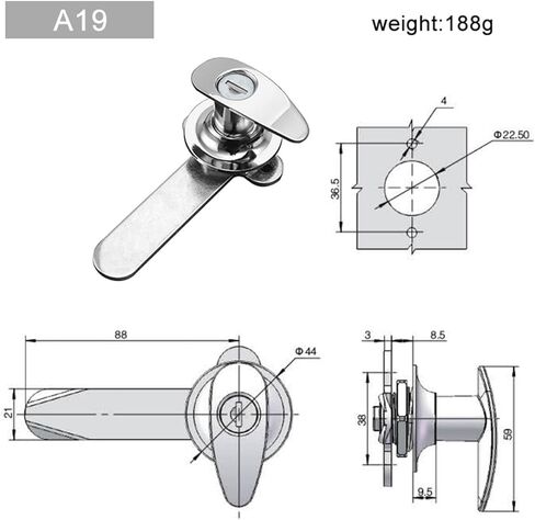 A19 Silver Color Alloy Alloy Industrial Cannerical Cabinlet Lock مع ثقب المفتاح ومفتاح 1PCs in Kuwait