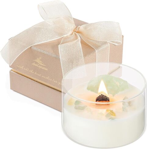 Premium Vanilla Scented Soy Candles with Wood Wick & Healing Crystals Inside, 55-Hour Non-Toxic Aromatherapy Home Scented Candle Gifts for Women, Mom, Birthday, Meditation, Spa (7oz) in Saudi Arabia