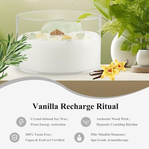 Premium Vanilla Scented Soy Candles with Wood Wick & Healing Crystals Inside, 55-Hour Non-Toxic Aromatherapy Home Scented Candle Gifts for Women, Mom, Birthday, Meditation, Spa (7oz) in Saudi Arabia