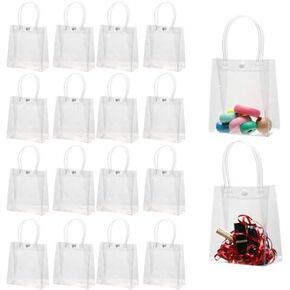 16 PCS Clear PVC Gift Bags with Handles, Reusable Clear Plastic Gift Tote Bags for Celebration, Party, Wedding, Birthday, Anniversary, Christmas, Valentine's Day(7.87" x 7.87" x 3.15")