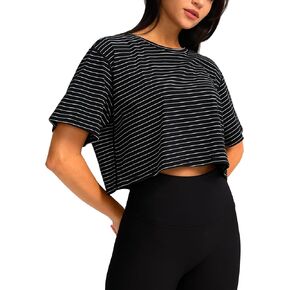 SANTINY Women's Cotton Workout Crop Tops Short Sleeve Loose Fit Athletic Gym Yoga Shirts Cropped T-Shirt