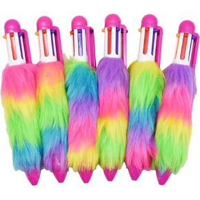 Maydahui 6 Pcs 6-in-1 Multicolor Fluffy Retractable Ballpoint Pen 6 Colors Shuttle Rainbow Plush 0.5 mm Pens for Students Teachers Office School Supply Stationery Carnival Party Favors