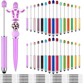 30 Pcs Plastic Beadable Pens 2 in 1 Stylus Bead Pen Empty Tube Floating Black Ink Bead Pens with 30 Pcs Black Refills for DIY Making Gift Kids Students Office School Supplies(Empty Tube)