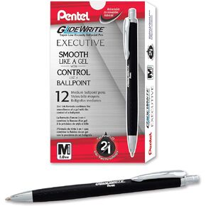 Pentel GlideWrite Executive Ballpoint Pen, (1.0mm) Medium line, Silver Metal Barrel, Black Ink, 12 Pack (BX970Z-A)