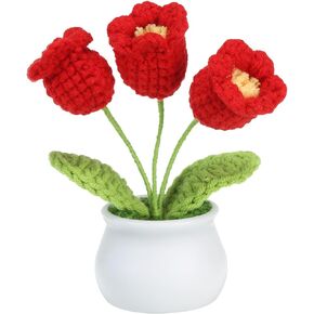 PATIKIL Crochet Flowers, Handmade Knitting 3Head Lily of The Valley Artificial Woven Small Potted with Stems for Valentine's Gifts Home Wedding Party Office Tables Decoration, Red
