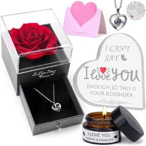 وردة حمراء حقيقية محفوظة مع قلادة I Love You بـ 100 لغة من الأكريليك هدية على شكل قلب شموع معطرة للزوجة والأم والجدة في عيد الحب، وعيد الأم، وعيد الميلاد in Kuwait