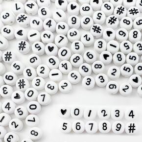 600Pcs White Acrylic Number Beads for Jewelry Making,4x7mm Gold 0-9 Number Beads for DIY Bracelets,Necklaces, Key Chains Crafts (Round, Flat)