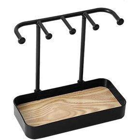 1PC Black Desktop Jewelry Organizer Stand Earring Holder Keychain Bracelet Holder with Wooden Tray 5 Hooks Necklaces Hanging for Necklaces,Bracelets,Chains,Rings,Earrings,Keys