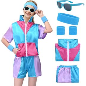 Women 80s Sportswear Set, 6Pcs ColorBlock Windbreaker Sweatsuit Retro Tracksuit Outfit Short Sleeve Sweatband Glasses
