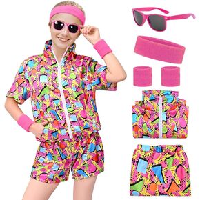 Women 80s Sportswear Set, 6Pcs ColorBlock Windbreaker Sweatsuit Retro Tracksuit Outfit Short Sleeve Sweatband Glasses