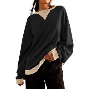 Fisoew Womens Color Block Crew Neck Sweatshirt Oversized Long Sleeve Shirt Casual Pullover Top Y2K Clothes