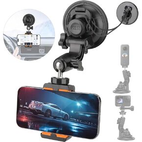 Super Strong Φ90mm Suction Cup Car Mount for Action Camera Phone Dash Cam Dual-Ball-Head Windscreen Window Cockpit Holder- Up to 1.5kg Load Capacity for GoPro insta360 iPhone Hi-Speed Video Recording